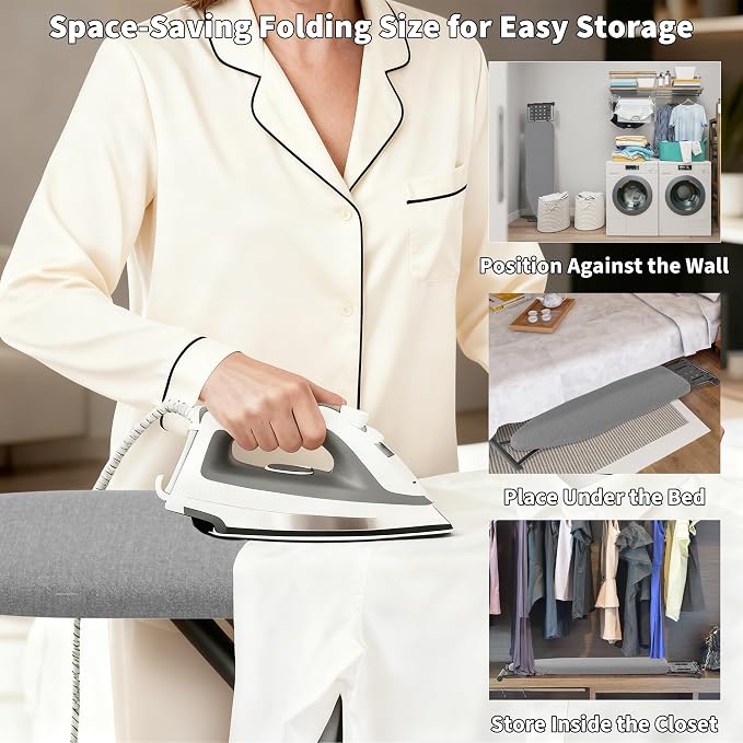 Ironing Board, 43"×13" with Iron Rest, 4 Layer 7 Adjustable Height & Sturdy | Iron Board with Bulit-in Hook and Hanger Bar, Heat Resistant Cover and Pad for Home Apartment Laundry Room Dorm, Gray