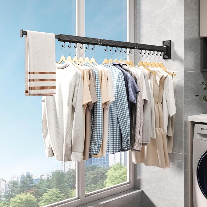 Wall Mounted Tri-Fold Clothes Drying Rack, Heavy Duty Collapsible Laundry Drying Rack, Space-Saving Retractable Foldable Drying Rack Clothes for Laundry Room Balcony Bathroom,Black-Hooks