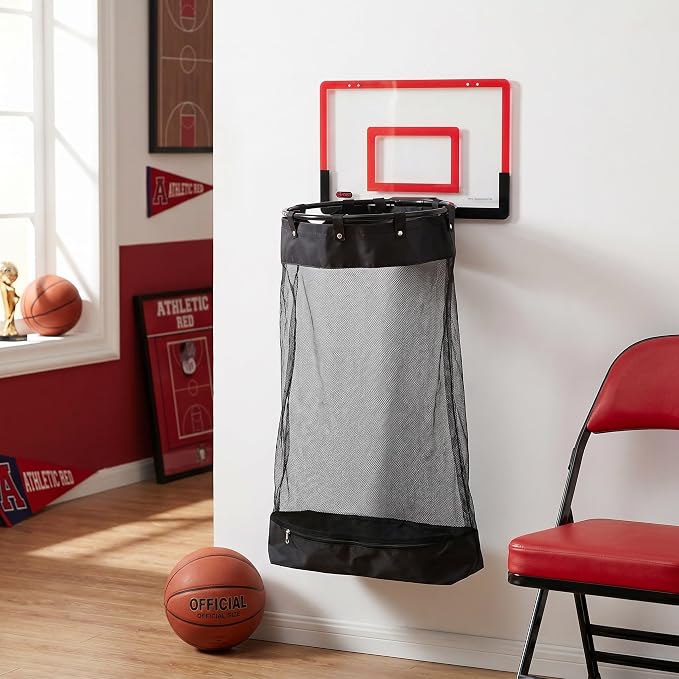 Basketball Hoop Laundry Basket with Rounded Mouth and Smooth Edges, Easy Installation with Zipper and Universal Hooks, Plastic Mesh Material the Door Clothes Hamper for Home