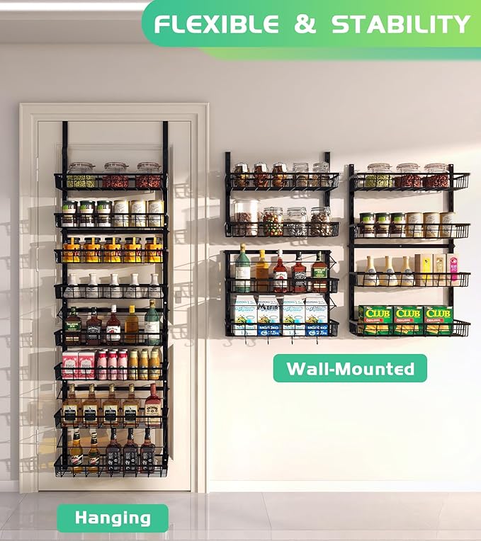 Mefirt Over The Door Pantry Organizer, Wall Mount Spice Rack, Pantry Hanging Storage and Organization, 8 Adjustable Baskets Heavy-Duty Metal for Home & Kitchen, Back of Door Seasoning Rack - Black