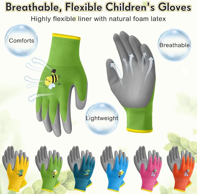 24 Pairs Kids Gardening Gloves Kids Children Yard Grippy Rubber Coated Garden Work Gloves for Girls Boys Outdoor (Medium, Age 6-8)