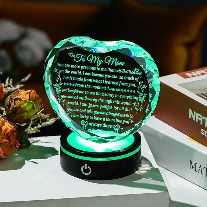 Arikyrist Gifts for Mom from Daughter Son with Colorful LED Base, Unique Moms Birthday Gifts Crystal Heart Keepsakes to My Mom Gift for Mother's Day Thanksgiving Presents for Best Mother Ever