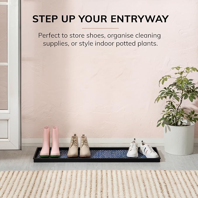 Anji Mountain Heavy Duty Waterproof Rubber Shoe Storage Mat Organizer/Boot Storage Tray Multi Use For Entryway with Coir, Blue and Ivory Insert , Fits 4 Pair (46.5" Wide)