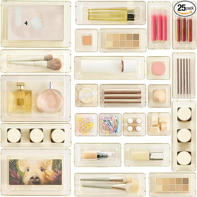 Vtopmart 25 PCS Clear Plastic Drawer Organizers Set, 4-Size Versatile Bathroom and Vanity Drawer Organizer Trays, Storage Bins for Makeup, Bedroom, Kitchen Gadgets Utensils and Office