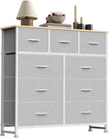 Sweetcrispy 9 Drawer Fabric Dresser Storage Tower with Wood Top and Steel Frame, Organizer Chest with Easy Pull Handles for Bedroom, Closet, Hallway,Light Gray