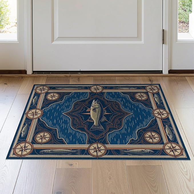 2'x3' Washable Area Rug Bass Nautical Wildlife Lake Map Border Lure Tackle Fish Fishing Refined for Entryway, Kitchen, Laundry Room, Stain Resistant Thin Throw