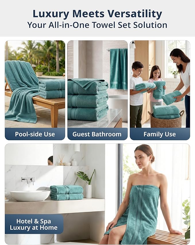 LANE LINEN 100% Pure Cotton Bath Sheets - Exclusive Zero Twist Softness - 4 Pack (35"x66") - Quick Dry, Super Absorbent & Highly Durable - Wrap yourself in Cloud-Like comfort after every shower - Teal