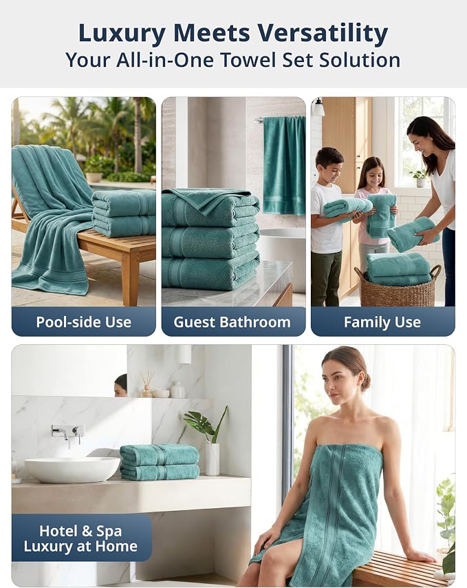 LANE LINEN Bath Towel Set Absorbent Quick Dry 100% Cotton 4 Piece - Teal | Set Of Towels - OEKO-TEX Certified, Zero-Twist Durability, Zero-Twist Cotton, Terry Weave Comfort, Long-Lasting Comfort