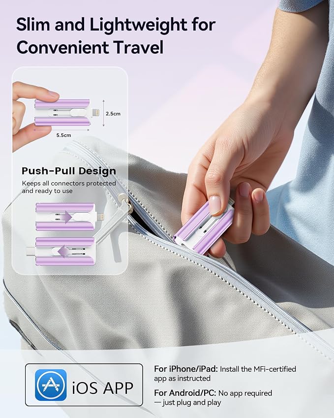 MFi Certified Flash Drive 256GB for iPhone Thumb Drive USB Memory Stick | iPhone Flash Drive Photo Stick for Photos, High Speed External Storage Jump Drive for iPhone/iPad/Android/PC(Light Purple)