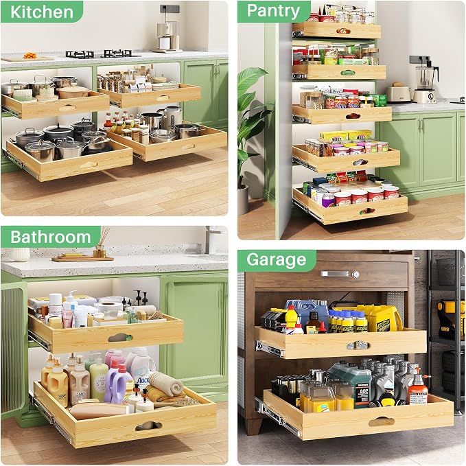 Pull Out Cabinet Organizer, Soft Close Wooden Slide Out Drawers for Pots and Pans, Full-extension Roll Out Shelves for Kitchen Cabinets, Pantry Organization, Bottom & Side Mount(26"W X 21"D x 3.4''H)
