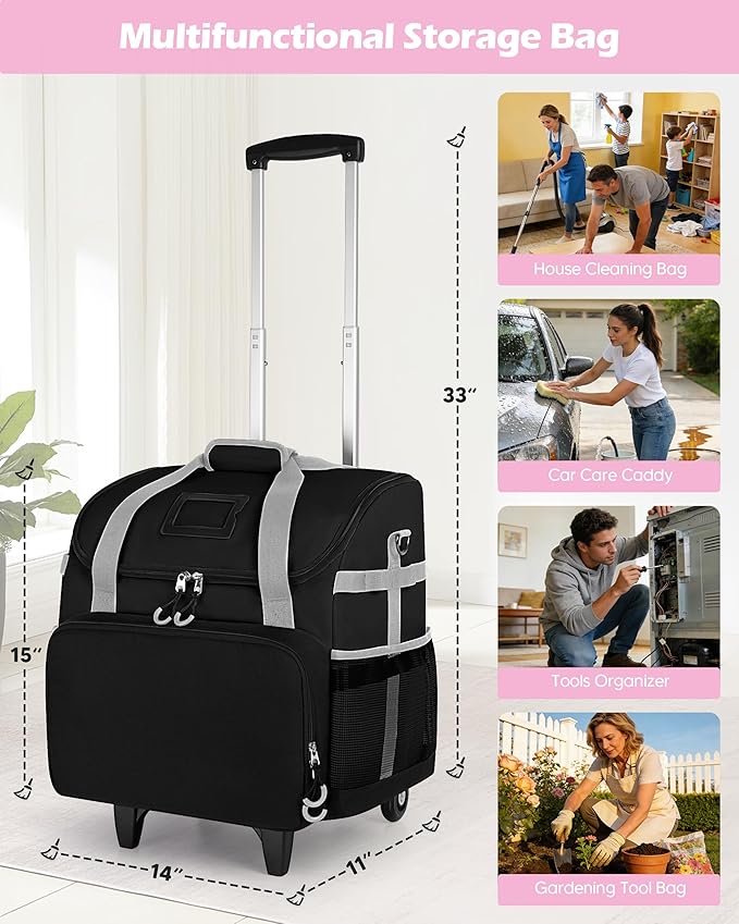 Marscamd Large Rolling Cleaning Caddy Bag with Detachable Trolley, Cleaning Supplies Organizer with Wheels for Housekeepers, Black