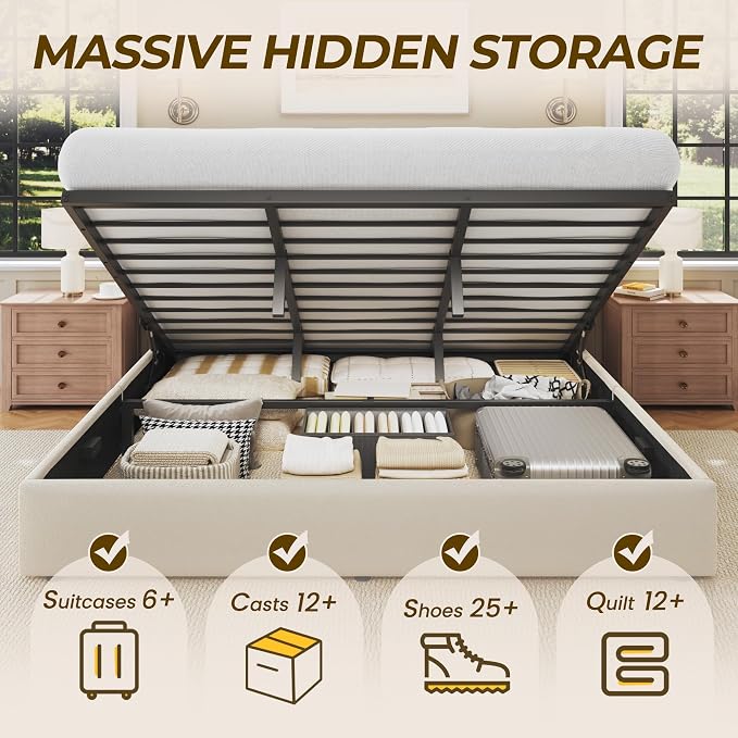 HISOFT King Size Lift Up Storage Bed Frame, Velvet Upholstered Platform Bed with Wingback Headboard, Heavy Duty Hydraulic Gas Lift Underbed Space, Reinforced Full Metal Slats, Noise Free, Light Beige