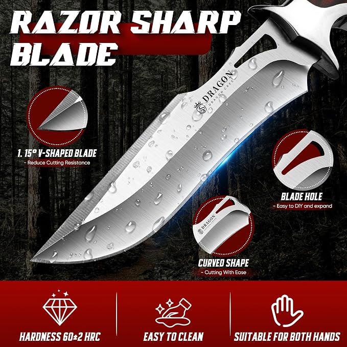 Dragon Creek Fixed Blade Knife - Bowie Knife with Wooden Handle | with Leather Sheath for Fishing Camping Men Gift