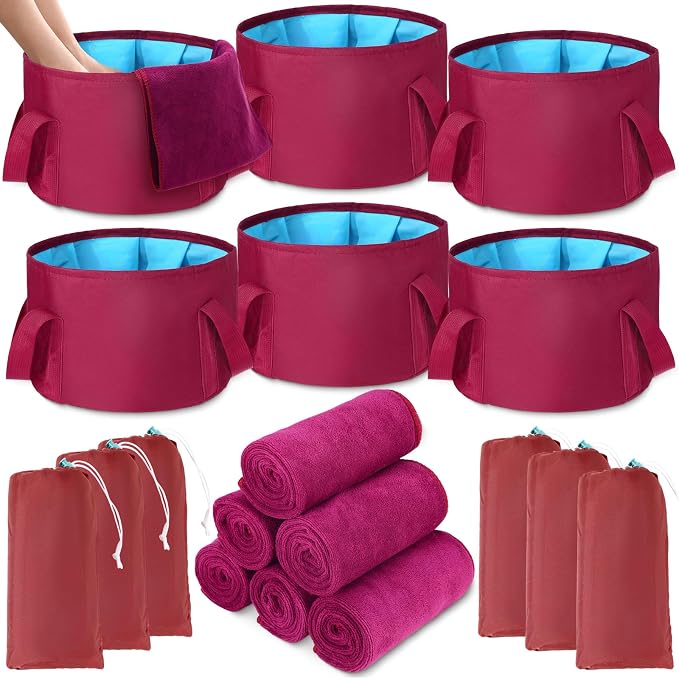 FillTouch 12 Pcs 15L Foldable Foot Soaking Tub Kit Portable Foot Bath Tub for Soaking Feet with Towel and Storage Bag Soak Spa Bucket for Travel Camping (Claret)