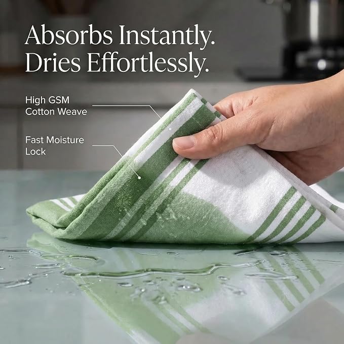 Urban Villa Kitchen Towels Cotton Dish Towels 20”x30” (Set of 6) Green Wht