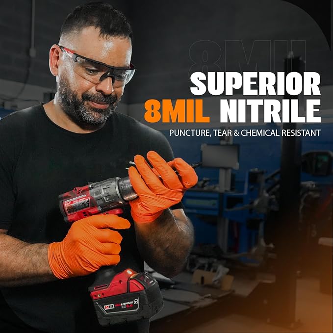 GRIPXX Herkules Grip Heavy Duty 8Mil Orange Nitrile Gloves,3D Raised Diamond Texture-Latex & Powder Free-Industrial, Mechanic (1, Medium)