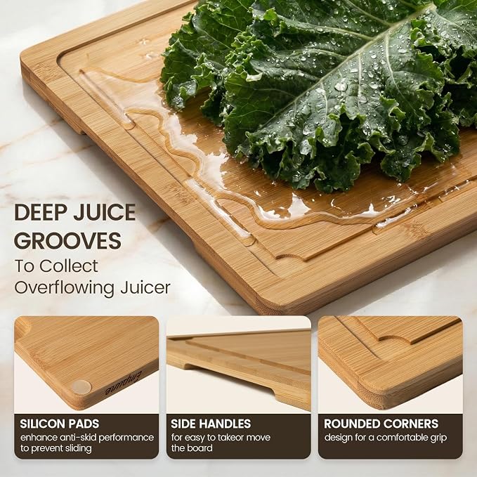 Extra Large Cutting Board Set of 4, Bamboo Cutting Boards for Kitchen with Juice Groove and Handles Kitchen Chopping Board for Meat Cheese board Heavy Duty Serving Tray, Empune