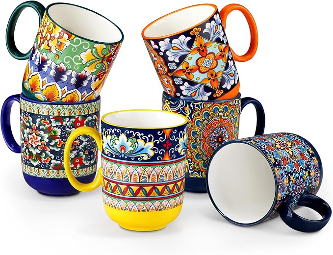 vancasso Simi Boho Coffee Mugs Set of 6, 14 oz Ceramic Mugs with Handle, Colorful Porcelain Cups Microwave Dishwasher Safe, for Latte Tea Cappuccino Cocoa Hot Chocolate