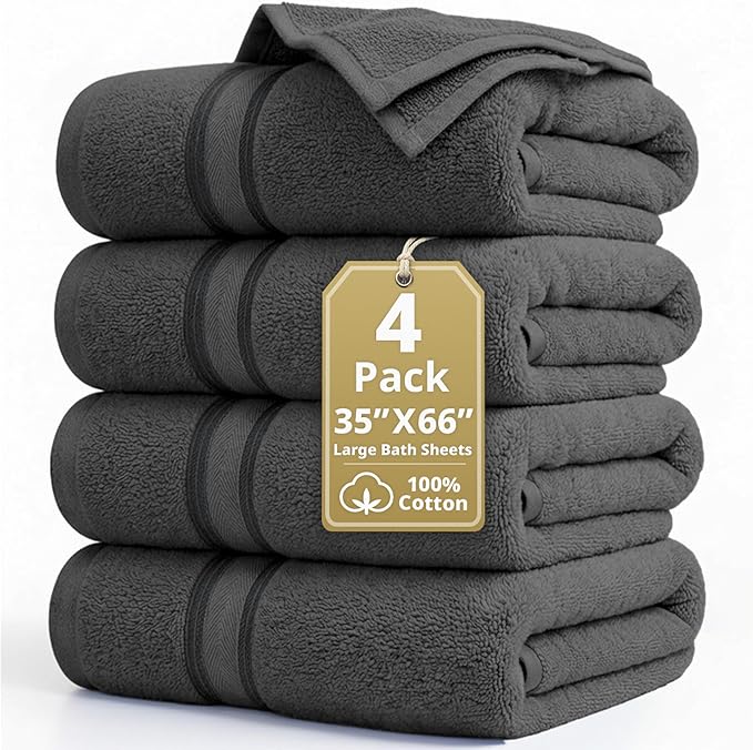 LANE LINEN Large Bath Towels - Zero Twist Cotton Construction - Set of 4 (35" x 66") Oversized Bath Towel Sets - Fade Resistant, Quick Dry & Fluffy - Instantly upgrade your bathroom decor - Space Grey