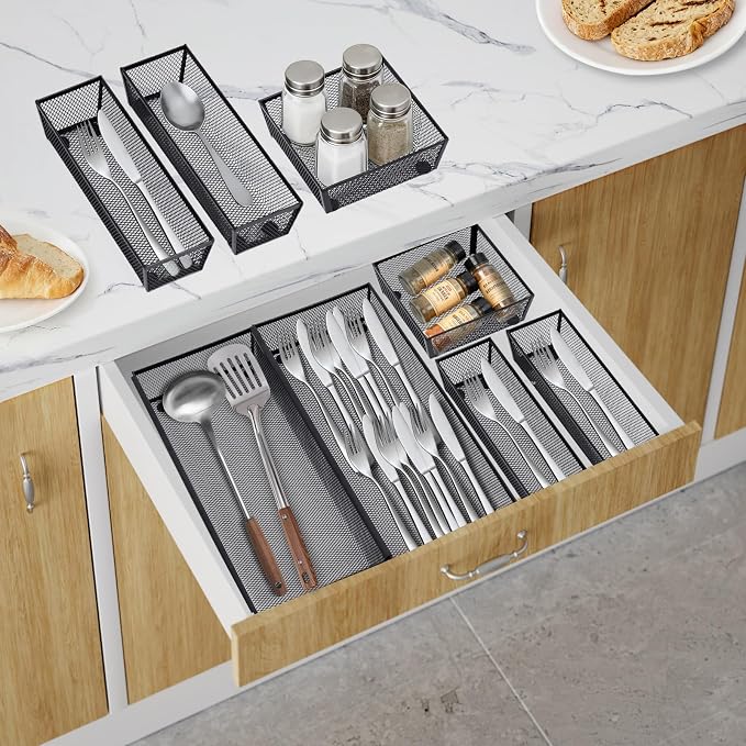 Neudeco Drawer Organizer, Black, 5 Pack, 15x6.2x2 inches | Metal Mesh Silverware Tray, Interlocking Design, 5 Compartment, For Kitchen Utensils