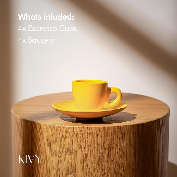 KIVY Espresso Cups Set of 4 - Stoneware - Italian Style - 3oz Each - Yellow