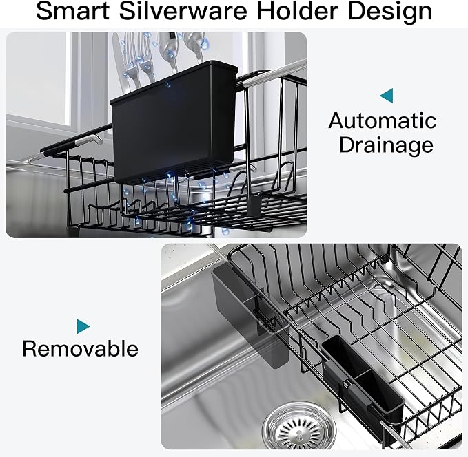 JASIWAY Black Dish Drying Rack in Sink, Dish Drainer with Utensil Holder | Over The Sink Expandable Stainless Steel Strainer Dryer Rack for Small Kitchen, Counter Space Saving, Fast Drain, Rustproof