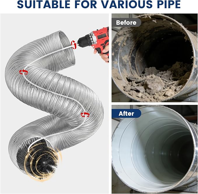 HOKLNUSE Dryer Vent Cleaner Kit Ducts Cleaning Kit for Dryer Air Duct HVAC Vent Fireplace Chimney Pellet Stove Gutter Downspout Dryer Vent Lint Removers with 1.5" 4" 6" Brush Heads(30 Feet)