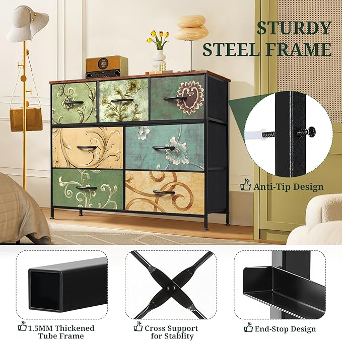 7-Drawer Dresser for Bedroom, Anti-Tip Wide Storage Organizer Fabric Chest of Drawers TV Stand for 45" TV with Wooden Top and Metal Frame for Closet, Living Room, Hallway, Entryway, Floral Painted