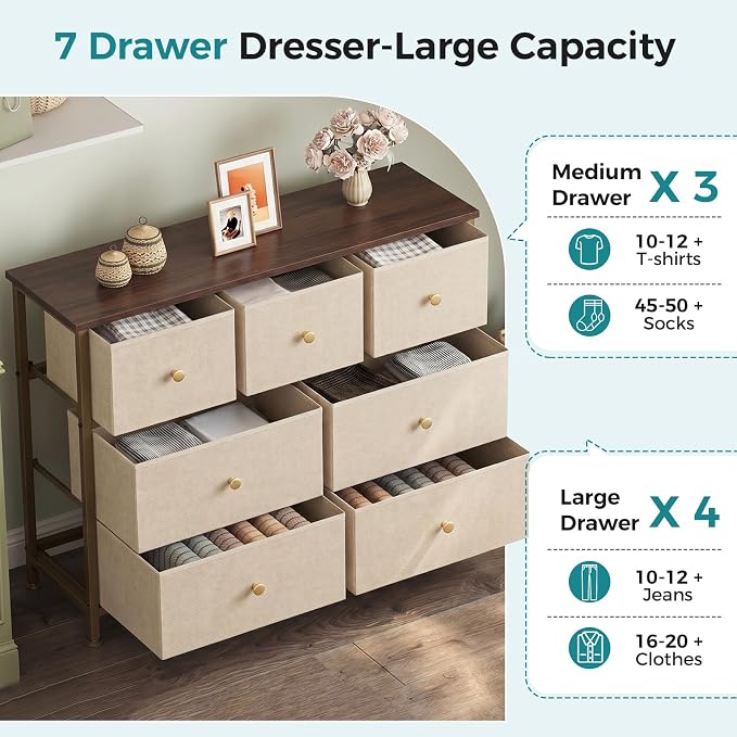 OLIXIS 7 Drawer Dresser for Bedroom, Tall Fabric Storage Tower with Sturdy Steel Frame and Wooden Top, Large Dresser for Living Room Entryway with Easy Pull Fabric Bins,Khaki