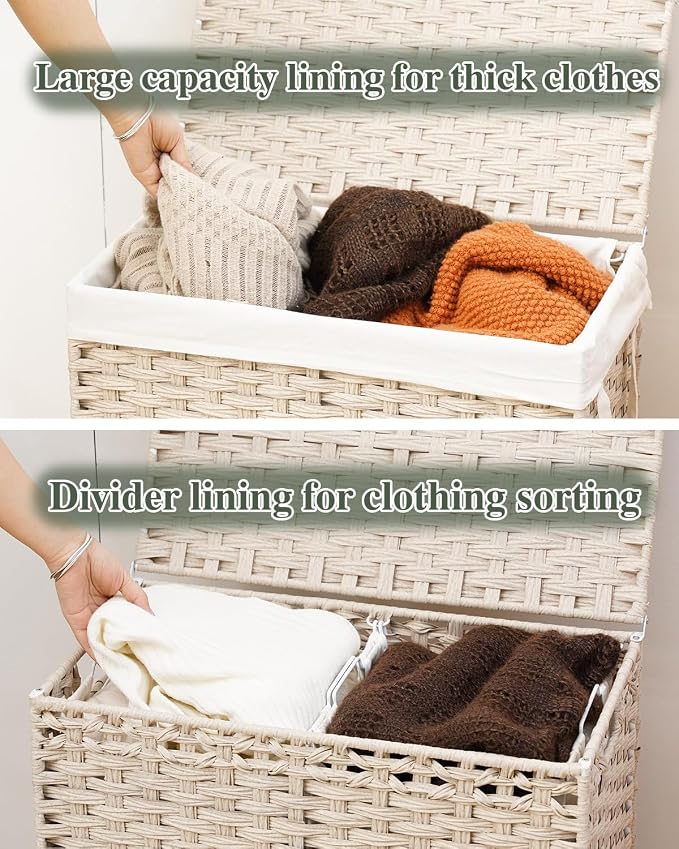 SETVSON Laundry Hamper with Lid PE Rattan Laundry Basket, Light Khaki | Decorative Furniture Look for Bathroom & Bedroom, 2-Section Large Wicker Hamper, 2 Cloth Bags, 6 Mesh Bags Included