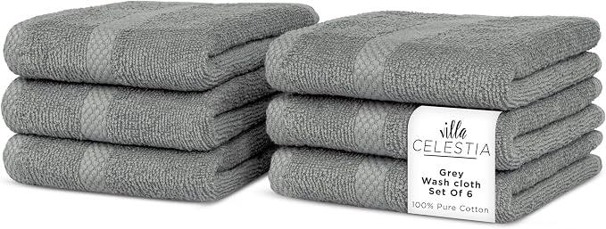Villa Celestia Cotton Washcloths Set of 6, 12x12 Inch, 100% Ring-Spun Combed Cotton, Soft Absorbent Quick-Dry Wash Cloths for Face and Body, Oeko-TEX Certified, Hotel & Spa Quality, Grey