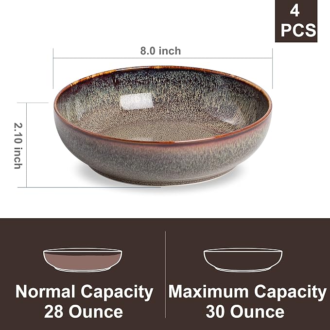 30oz Ceramic bowls set of 4-8" serving bowls for Kitchen,Pasta,Salad-Dishwasher & Microwave Safe Perfect for Housewarming, Thanksgiving, Christmas-Caramel Brown