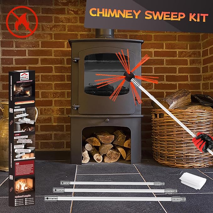 Chimney Sweep Kit - 33 Feet, Chimney Cleaning Tool with 10 Nylon Flexible Rods, Brush & Drill-Driven Rotary System