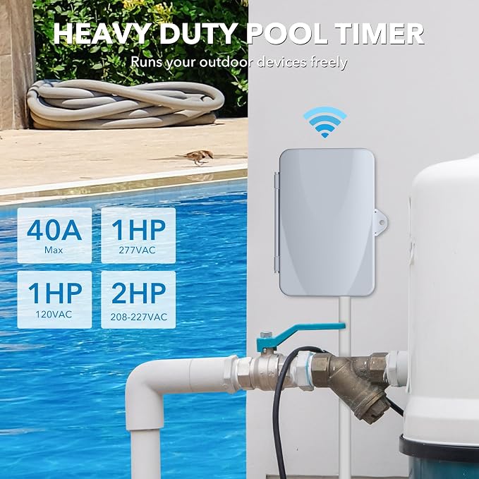 BN-LINK Pool Pump Timer, Outdoor Indoor Smart Wi-Fi Timer Box, 2HP 40A Max, 120, 240, 277 VAC, for Pool Pump, Water Heater, Fans, SPA, APP Remote Control, Compatible with Alexa, Google Assistant