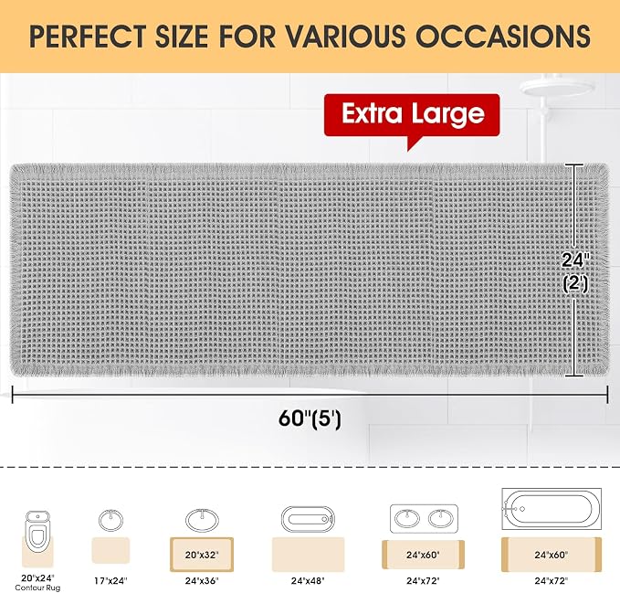 IM HOME Waffle Bath Mat Light Grey 5'x2', Boho Woven Modern Bath Mat Rugs, Absorbent Non Slip Bathroom Rugs, Soft Washable Bath Rugs with Tassels for Bathroom, Bedroom, Kitchen, Shower, Tub