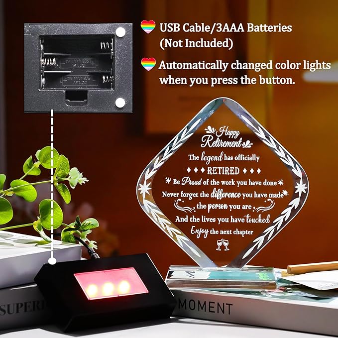 Glass Retirement Plaque Gifts for Women Men with LED Light Base, Happy Retirement Gift for Colleagues Boss Friends, Farewell Goodbye Gift Idea for Her Going Away, Retired Keepsakes for Teacher Doctor