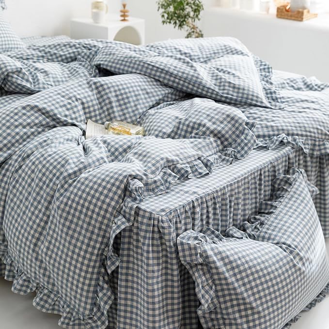 mixinni Blue White Gingham Ruffle Duvet Cover Twin Size 3 Pieces – 100% Washed Cotton, Vintage Plaid Ruffled Bedding Set with Zipper Ties, Soft Checkered Grid Farmhouse Chic Comforter Cover Set