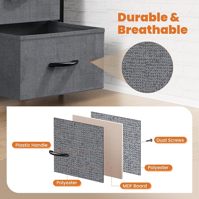 Sweetcrispy 7 Drawer Dresser Storage Organizer with Fabric Bins, Grey | Sturdy Steel Frame and Wood Top, Easy Pull Handles, for Bedroom Closet Hallway Entryway