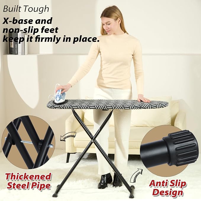 caius Ironing Board 43''x13'', 7 Adjustable Heights, Saves Space | Anti-skid feet for stability · Ultra-thick pure cotton cover · Fast wrinkle-free ironing · 28-35" height range