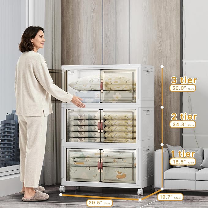 Stackable Storage Bins, 1050QT Collapsible Drawers with 2 Lids | Large Capacity, Magnetic Door, Stack Lock, Rolling Wheels, Foldable Design, Organizers and Storage for Bedroom Dorm Garage