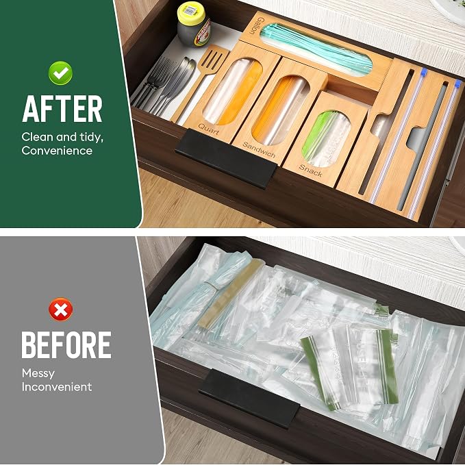 Reclosable Poly Bag Organizer for Kitchen Drawer, 5-Slot | Bamboo, 5 Independent Boxes, Slide Cutter, Magnetic Lid, Space-Saving Drawer Organizer