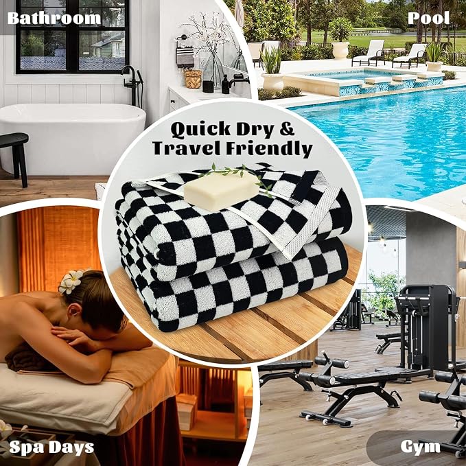 Jacquotha Black and White Checkered Cotton Bath Towels Set of 2 | Cute Aesthetic Towels for Bathroom Decor, Pool, Beach, Spa, 27.5" x 55"