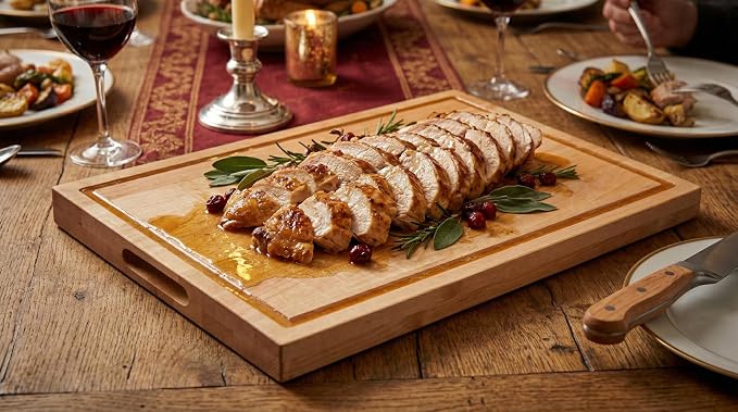 16 in. x 24 in. Maple Wood Cutting Board, Reversible with Juice Groove and Smooth Side, Thick Butcher Block Style Prep Board with Built-In Handles for Kitchen, BBQ, Meat Carving and Serving