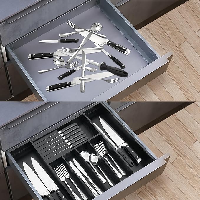 VaeFae Bamboo Silverware Drawer Organizer Kitchen, Expandable Utensil Organizer with Knife Block, Cutlery Tray with Divider, Multifunctional Drawer Organizer (Black)