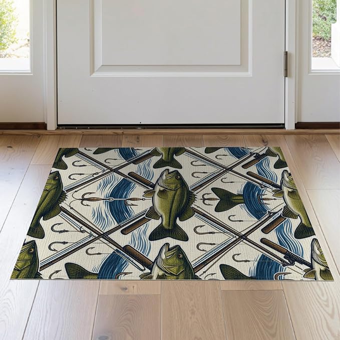 2'x3' Washable Area Rug Bass Angler Hook Lure Frame Tackle Motif Border Fish Fishing Refined Structured for Bedroom, Nursery, RV, Pet Friendly & Kids Safe Bedside