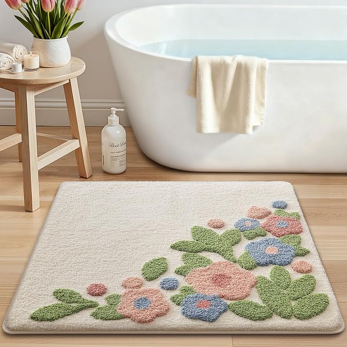 LUMI Bathroom Rugs Cute Flower, Soft Absorbent Square Bath Mat Non-Slip, Machine Washable Quick Dry Warm White Bloom Luxury Rug Flower for Kids Room, Bathtub, Home Decor, 32"x32"