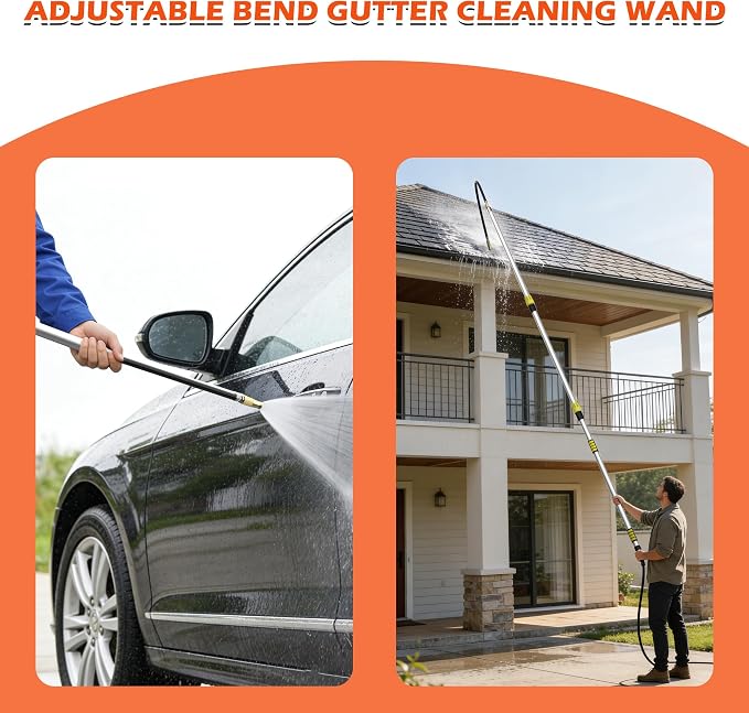24FT Reach 8-18FT Telescopic Pole Gutter Cleaning Tools from Ground, Up to 24FT Reach, Flexible Wand, Adjustable Flow for Garden, Roof Gutters, Leaves & Debris Removal