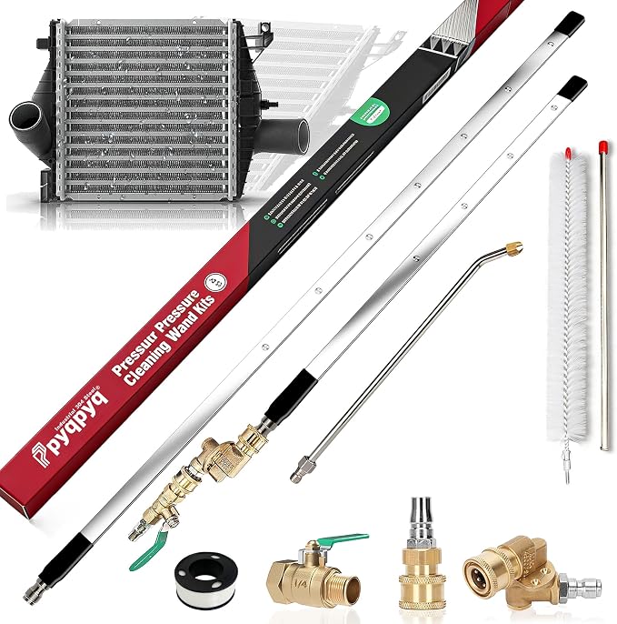 47" & 24" & 15" Radiator Cleaning Wand 3-Piece Set, 4500 PSI Stainless Steel Dual Water/Air Radiator Cleaner with Pressure Washer Gun Adapter & Tips for Cars, Trucks, Heavy Equipment,Silver& Black
