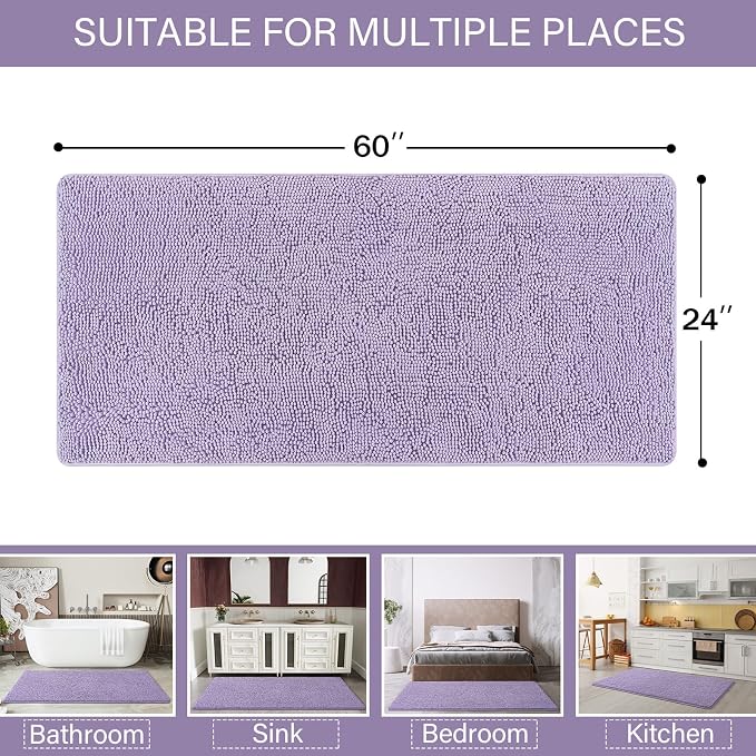 LOCHAS Luxury Bathroom Rug Shaggy Bath Mat 24 x 60 Inch, Light Purple | Washable Non Slip Bath Rugs for Bathroom Shower, Soft Plush Chenille Absorbent Carpets