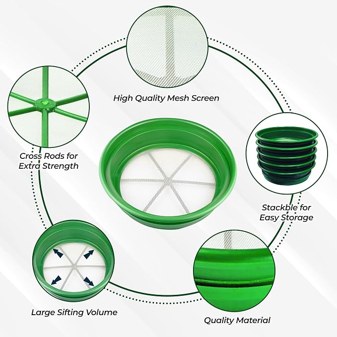 SE 13.25 Inch Wide Stackable Classifier Gold Prospecting Pan - 1/20 Inch Stainless Steel Mesh Sifting Pan, Green